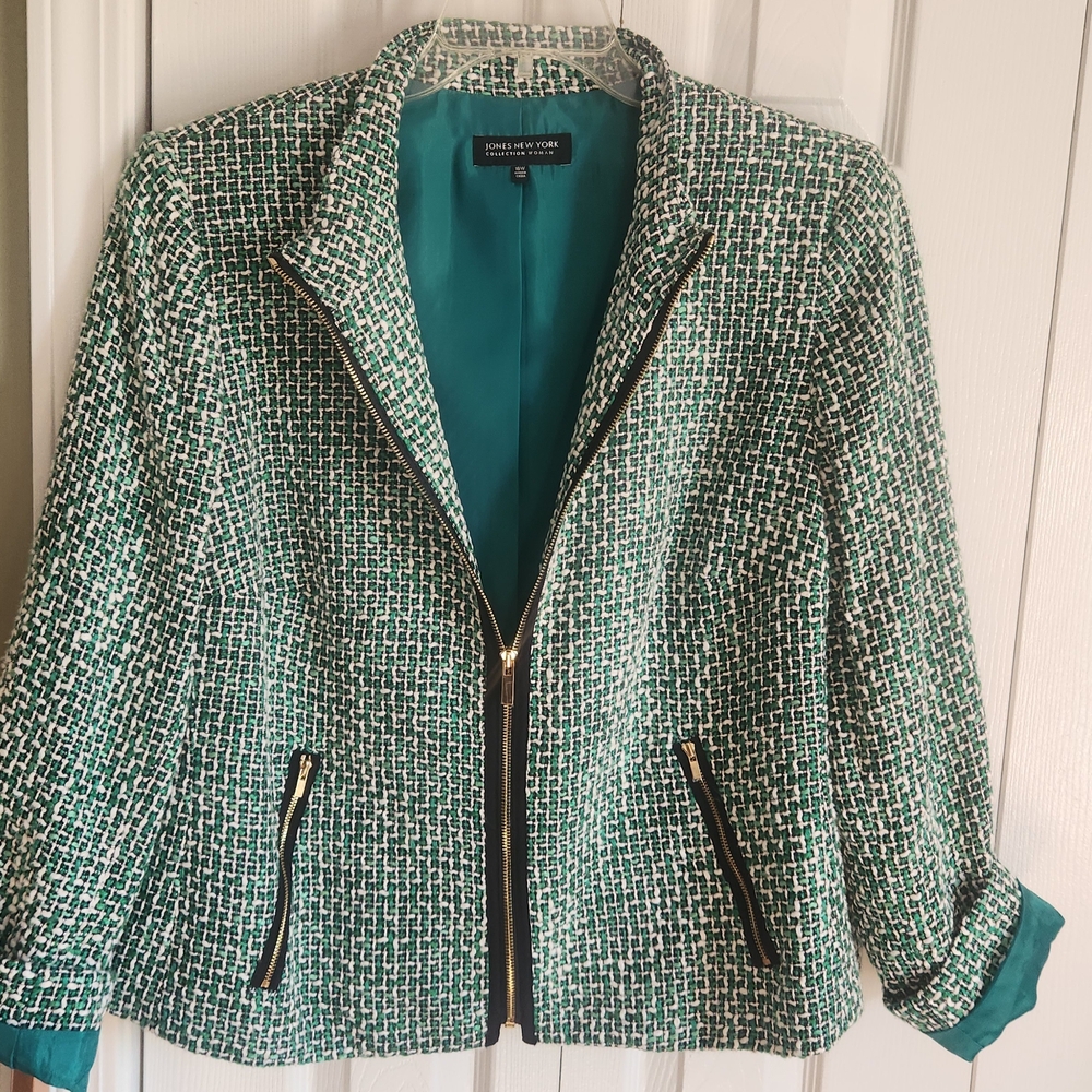 Jones New York Green Tweed Jacket with Zipper
